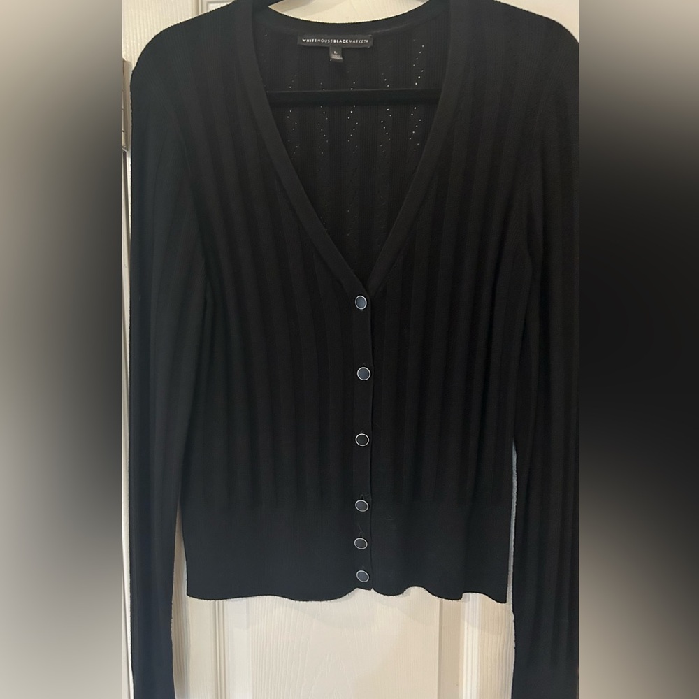 White House Black Market Black Ribbed V-Neck Button Cardigan